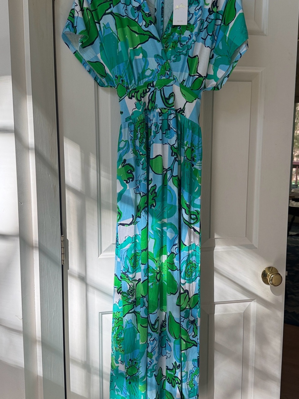 Lilly Pulitzer Green & Blue Floral Maxi Dress with Tie Back